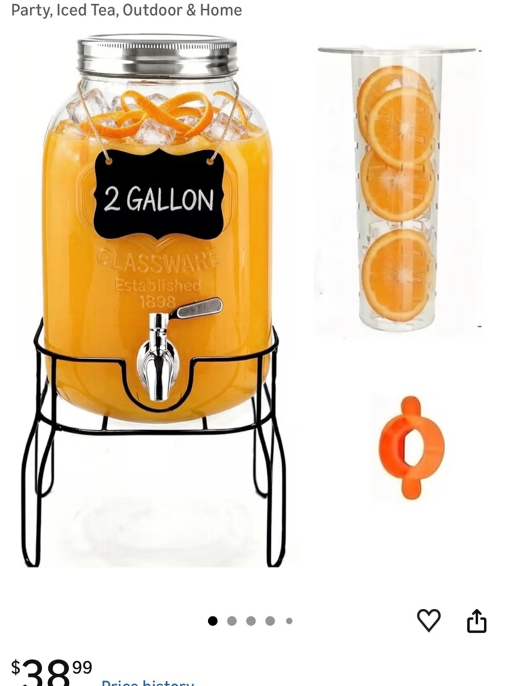 2 Gallon Glass Beverage Dispenser with Stand and Citrus Infuser - Orange